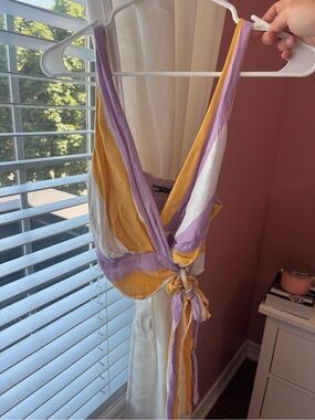 Zara Yellow, Lilac & White Striped Tie-Front Wrap Top